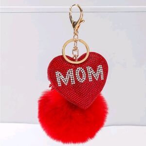 Rhinestone Red Heart MOM Keychain PomPom Tassel Purse Charm Gift